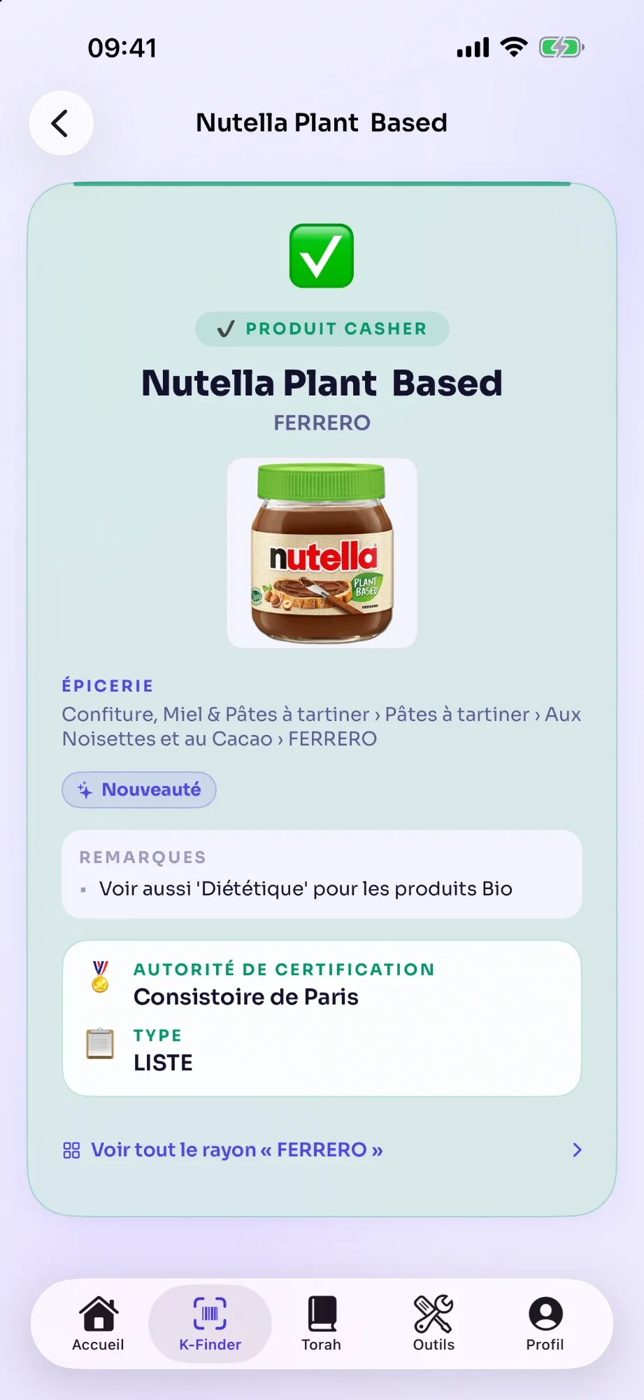 K-Finder : la pâte à tartiner Nutella Plant Based reconnue cacher, avec son rayon, l'autorité de certification et le type de liste.