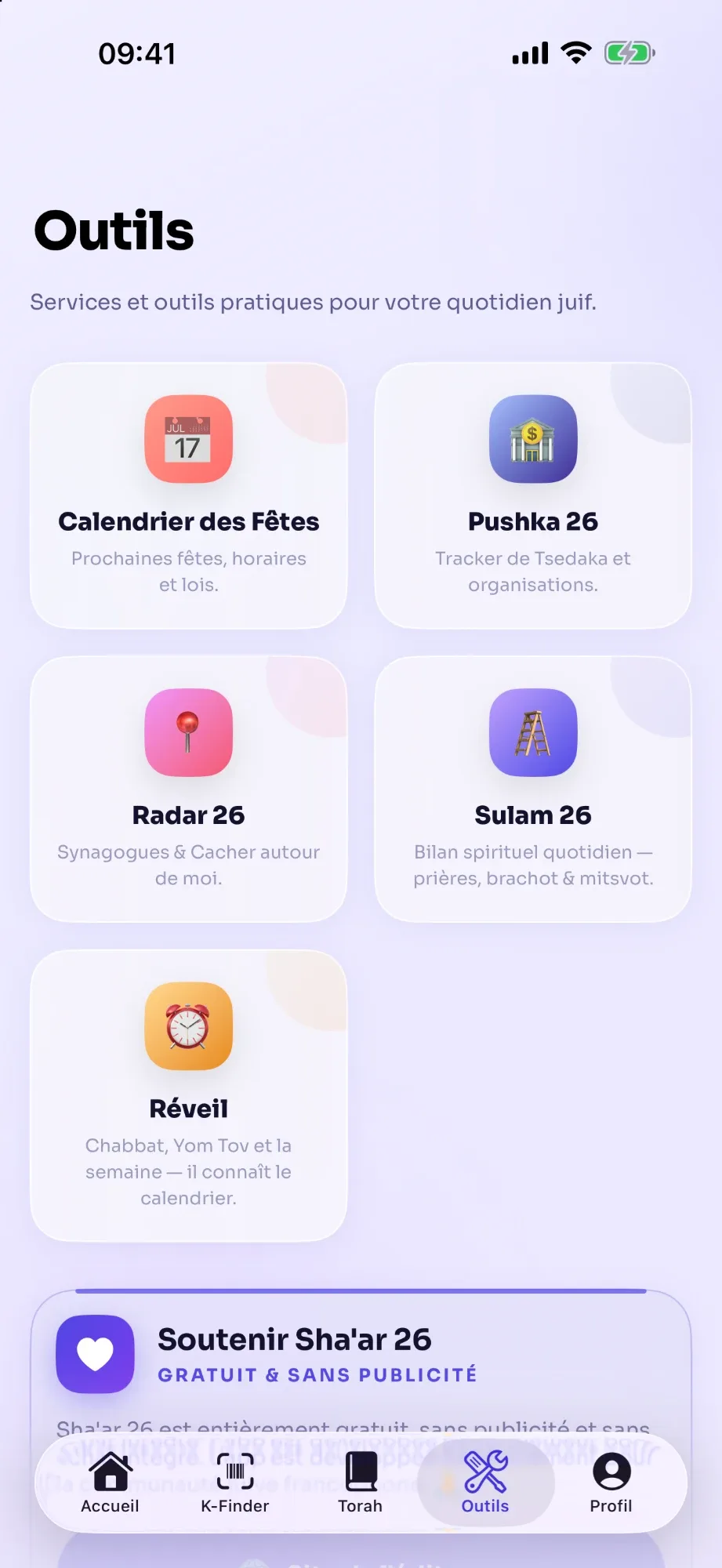 Onglet Outils : calendrier des fêtes, Pushka 26, Radar 26, Sulam 26 et réveil.