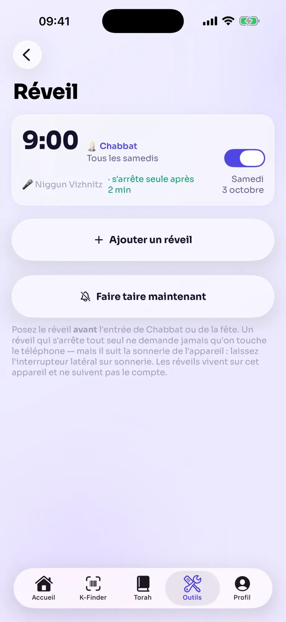 Réveil de Chabbat réglé à 9:00 tous les samedis, qui s'arrête seul après deux minutes.